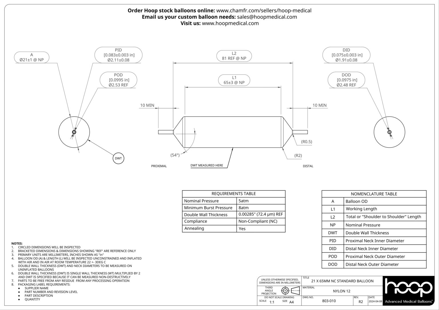 803 010 R2 21 x 65mm NC Standard Balloon Drawing 1536x1086
