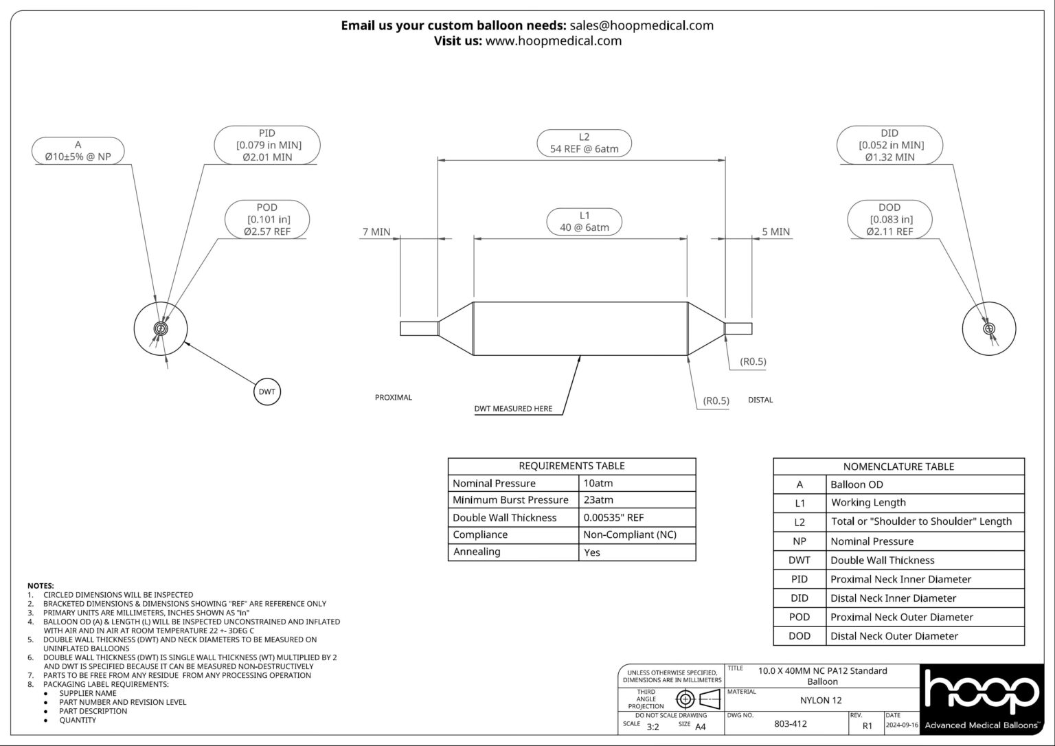 803 412 R1 10 x 40mm NC PA12 Standard Balloon Drawing 1536x1086