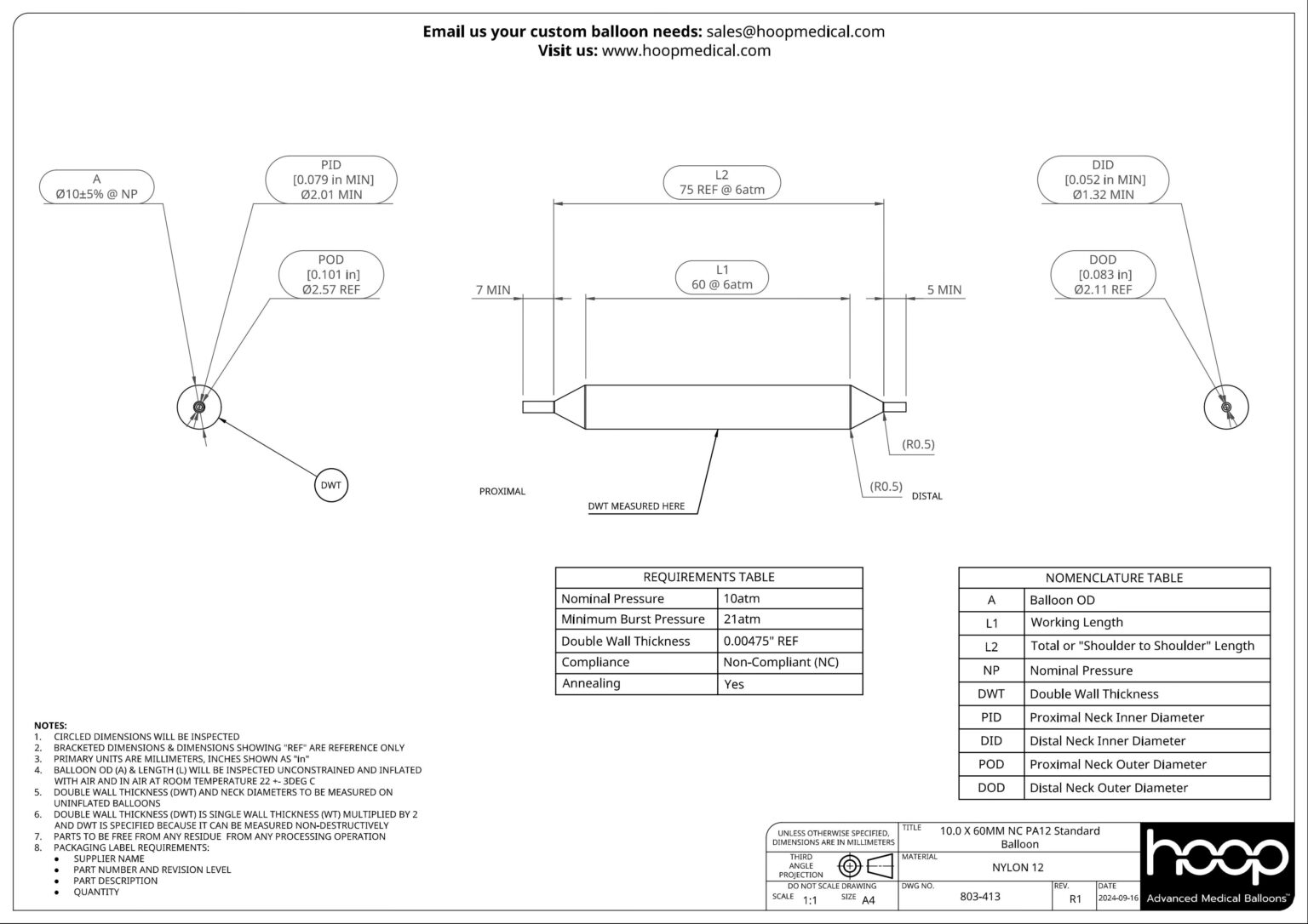 803 413 R1 10 x 60mm NC PA12 Standard Balloon Drawing 1536x1086
