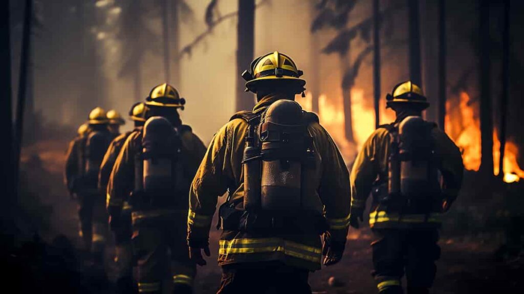 firefighters in wildfire stock image
