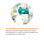Cordis Technician preparing resin and additives for extrusion with precise blending to ensure consistent processability.