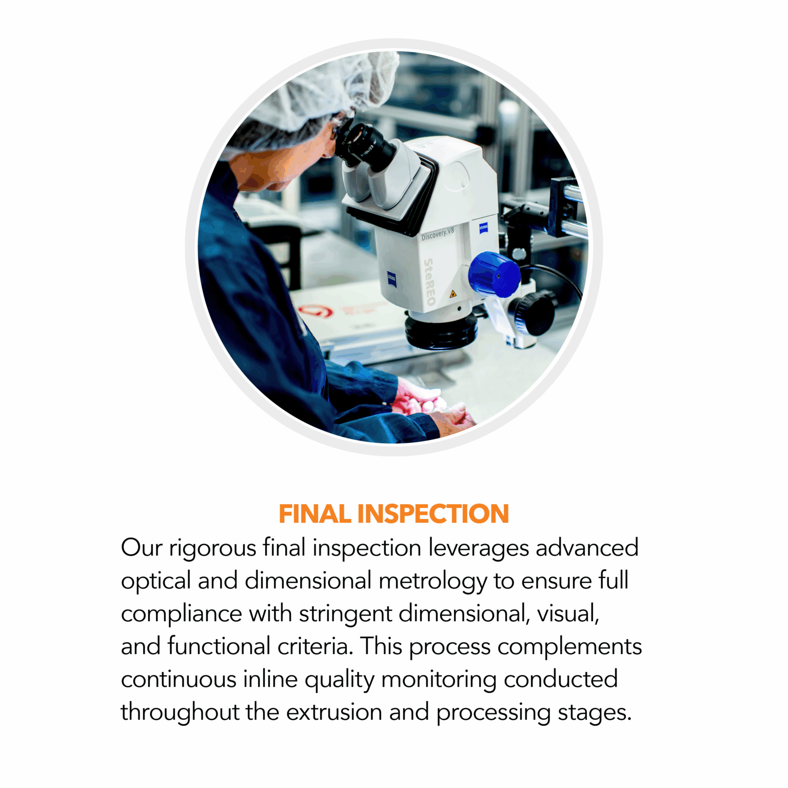 Cordis technician performing final inspection of tubing with optical and dimensional metrology equipment.