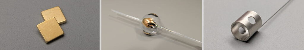 proplate product collage of Metal-coated gold plated magnets and meta poly 4 balloon catheter and Pt pull ring assembly for medical devices