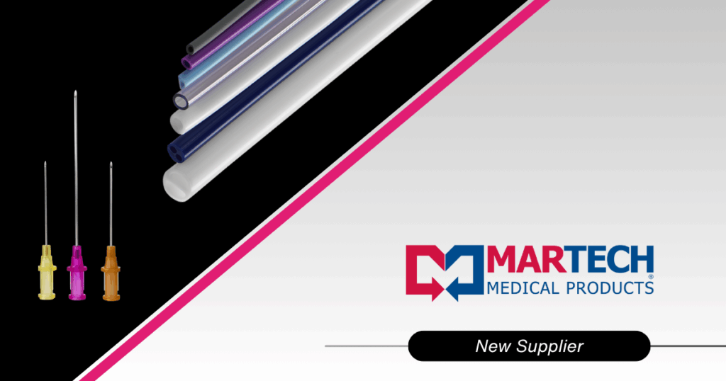 Martech Medical Products Launch graphic with polymer tubing and introducer needles
