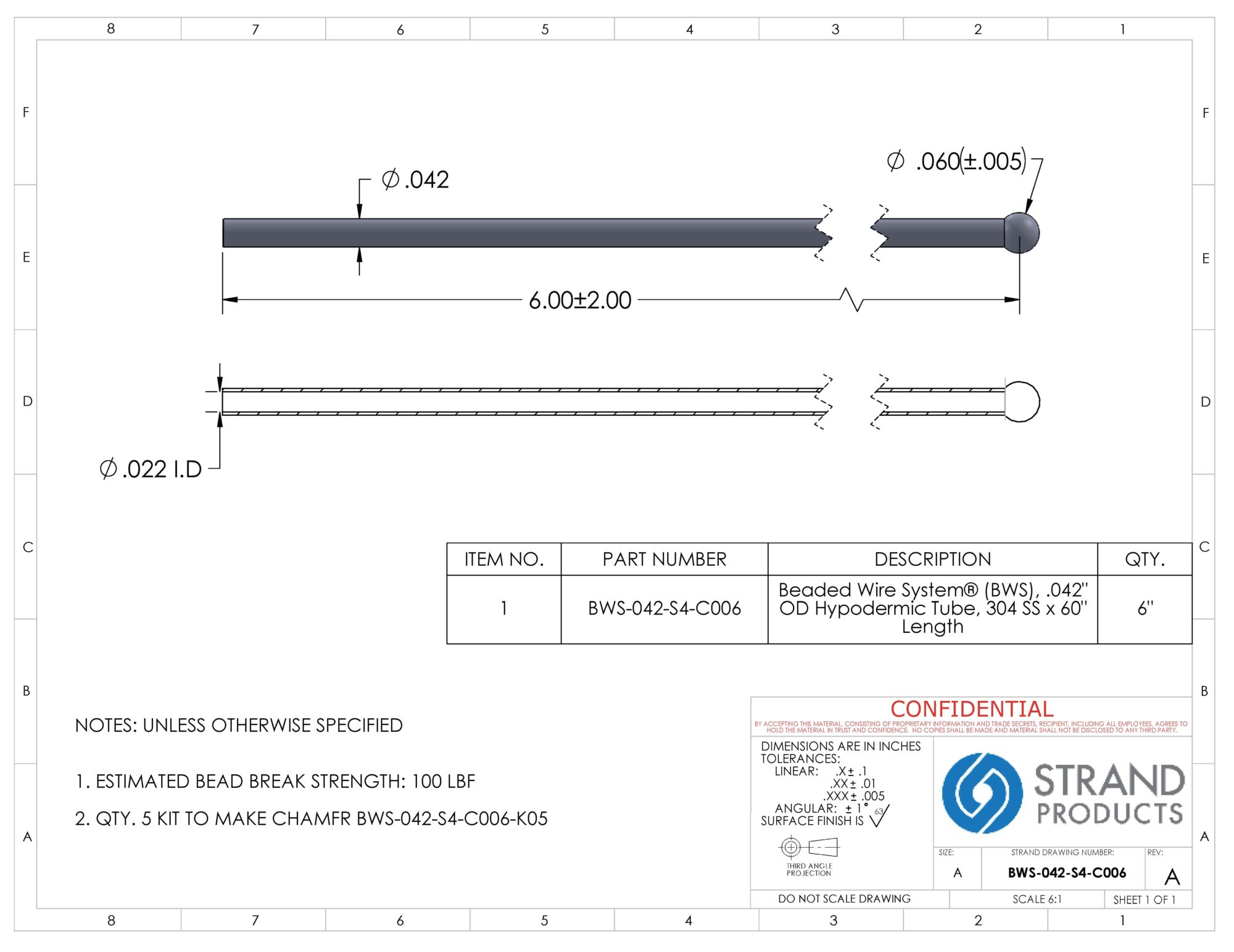 Ss 042 Wire & Bead, BWS-03, 304 SS Hypodermic Tube 0.042