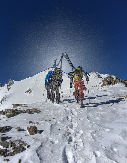 People climbing up a mountain with snow