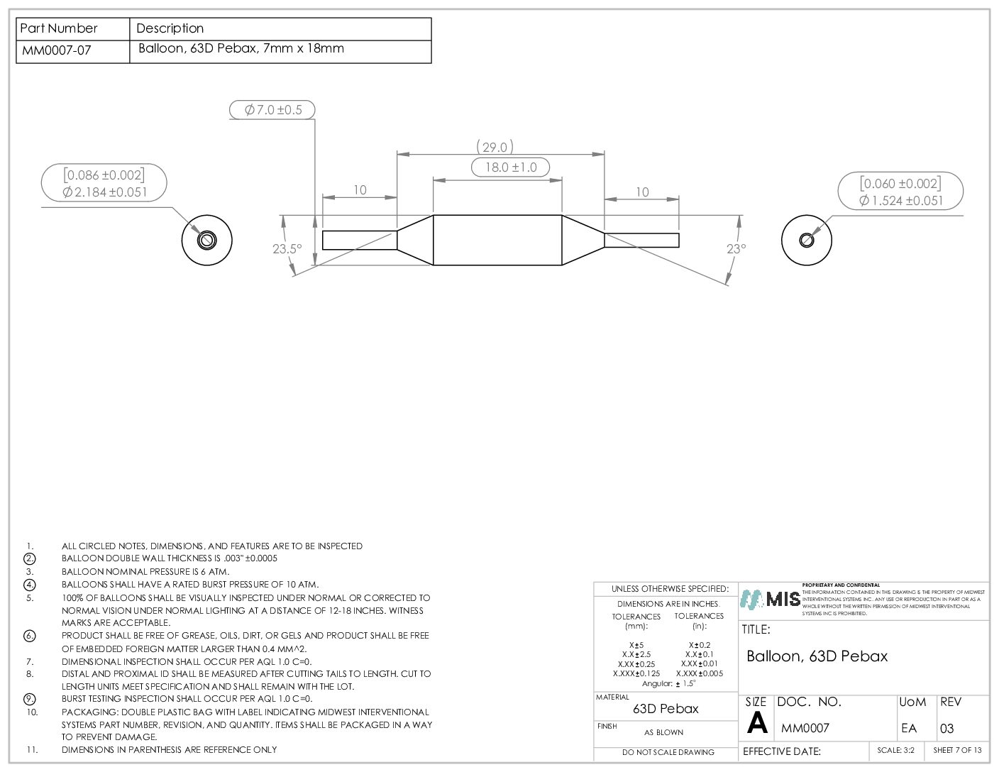 Semi-Compliant, 63D Pebax, Medical Balloon, 7mm (0.28