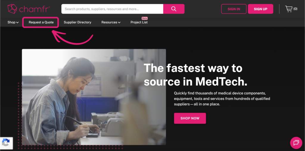 Chamfr homepage - request a quote link callout