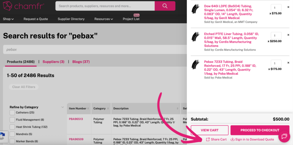 Chamfr Share Cart Feature