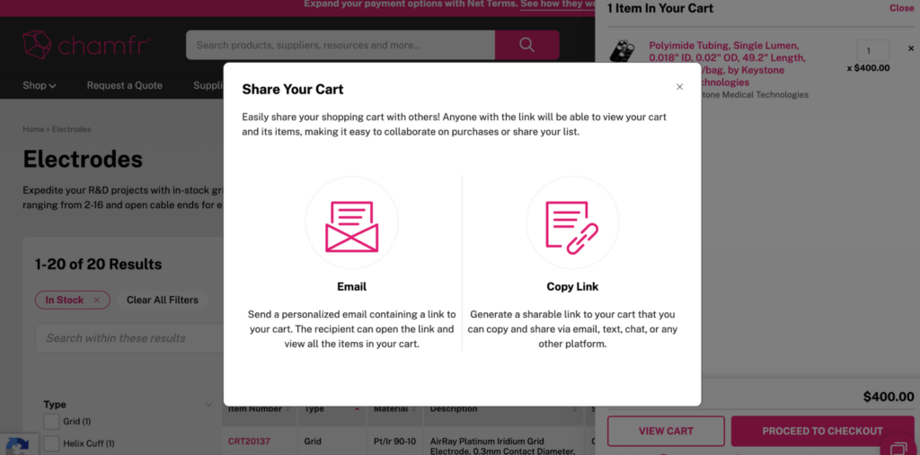 Chamfr Share Cart - Email or Copy Link