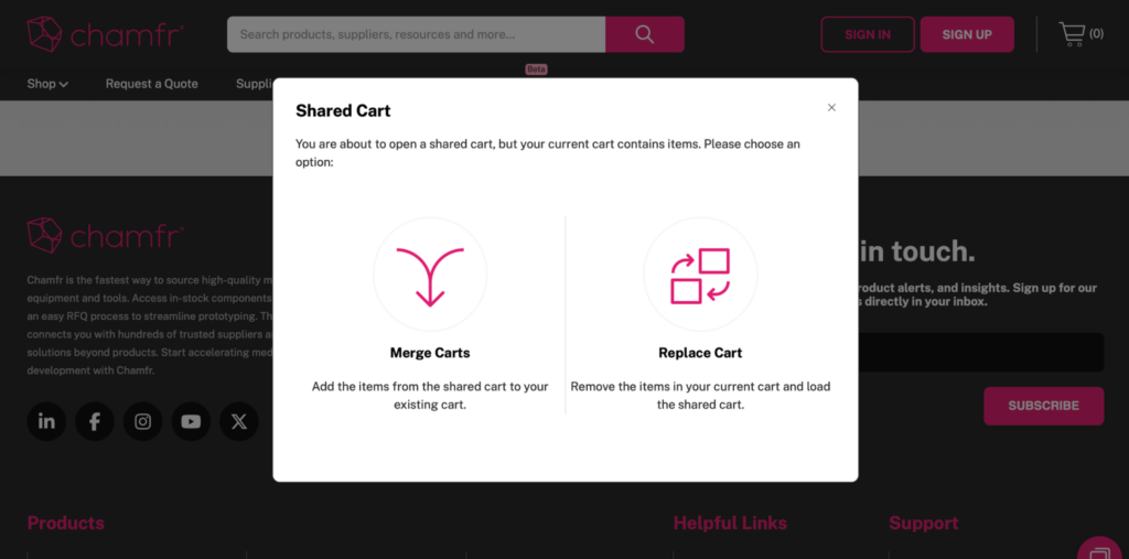 Chamfr Share Cart Merge or Replace Cart