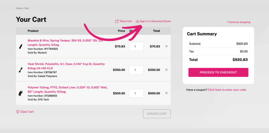 Chamfr Download Quote PDF from cart page